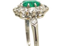 Edwardian Platinum, Emerald & Diamond Cluster Ring with Diamond Set Shoulders