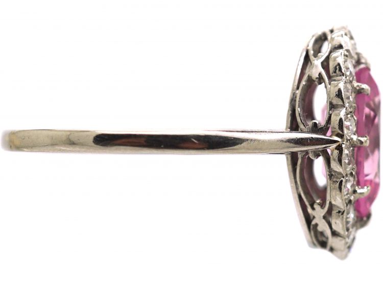 Edwardian Platinum, Pink Sapphire & Diamond Oval Cluster Ring