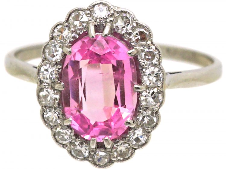 Edwardian Platinum, Pink Sapphire & Diamond Oval Cluster Ring