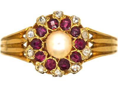 Edwardian 18ct Gold, Natural Pearl, Ruby & Rose Diamond Cluster Ring