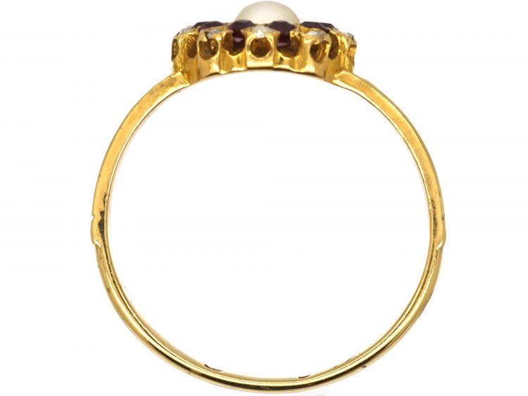 Edwardian 18ct Gold, Natural Pearl, Ruby & Rose Diamond Cluster Ring