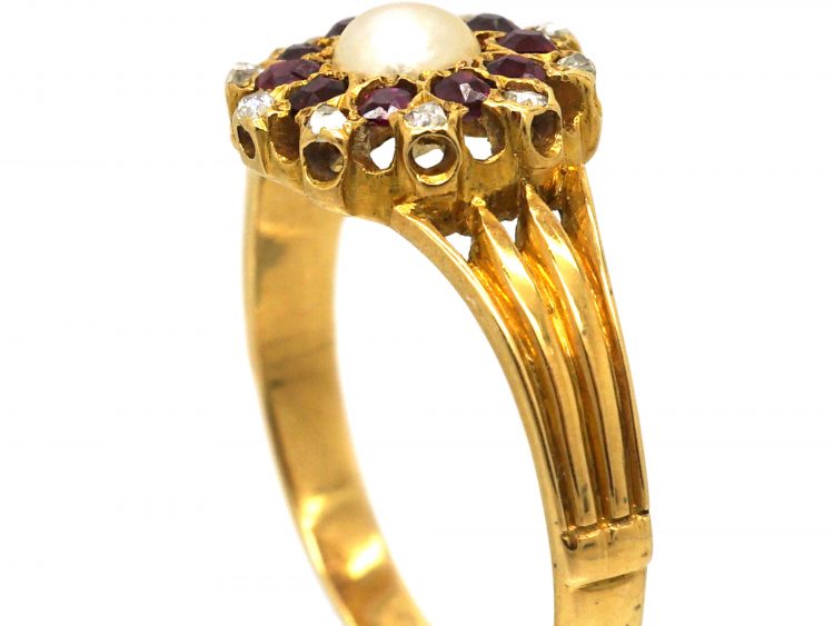 Edwardian 18ct Gold, Natural Pearl, Ruby & Rose Diamond Cluster Ring