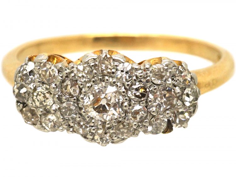 Edwardian 18ct Gold & Platinum Triple Cluster Ring set with Diamonds