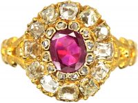 Victorian 18ct Gold Cluster Ring Set with a Ruby & Old Mine Cut Diamonds