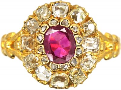 Victorian 18ct Gold Cluster Ring Set with a Ruby & Old Mine Cut Diamonds