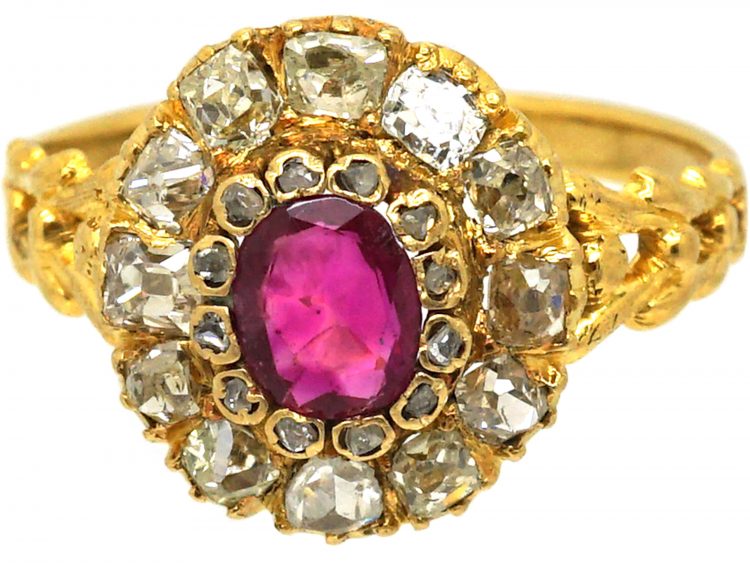 Victorian 18ct Gold Cluster Ring Set with a Ruby & Old Mine Cut Diamonds