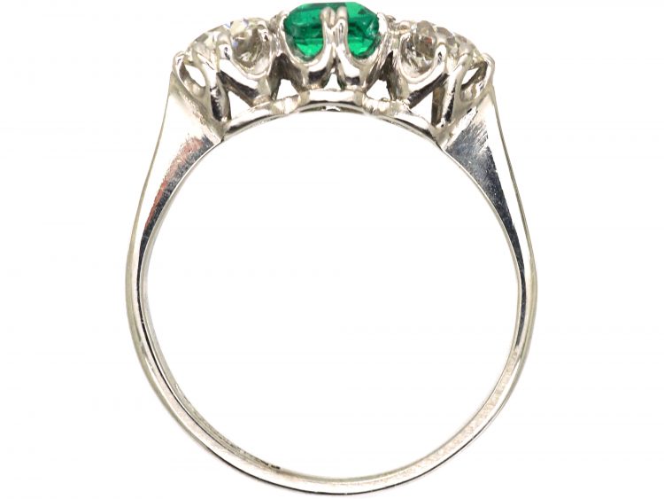 Early 20th Century 18ct White Gold & Platinum, Emerald & Diamond Three Stone Ring