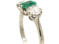 Early 20th Century 18ct White Gold & Platinum, Emerald & Diamond Three Stone Ring