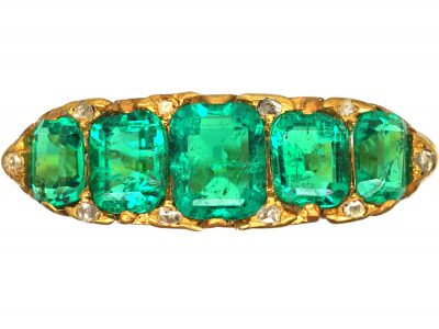 Victorian 18ct Gold, Five Stone Emerald Carved Half Hoop Ring