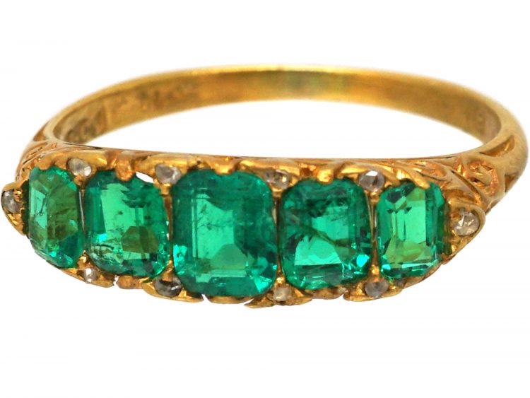Victorian 18ct Gold, Five Stone Emerald Carved Half Hoop Ring
