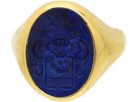 Mid 20th Century 14ct Gold Signet Ring set with Lapis Lazuli with an Intaglio of a Crest