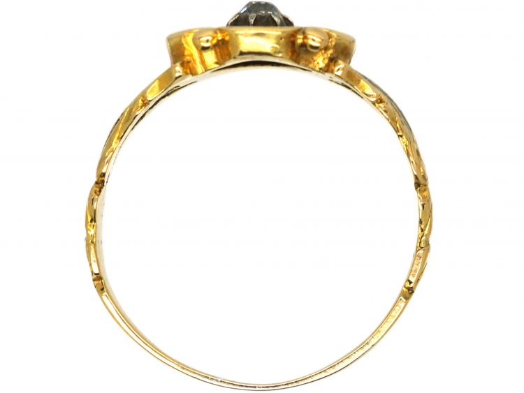 Georgian 18ct Gold & Black Enamel Mourning Ring with Pansy Motif set with a Diamond
