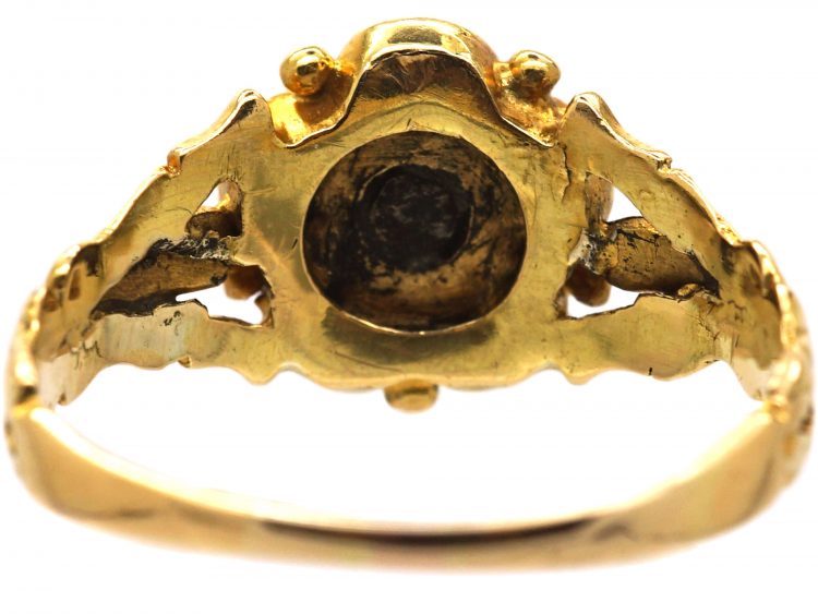 Georgian 18ct Gold & Black Enamel Mourning Ring with Pansy Motif set with a Diamond