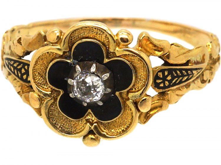 Georgian 18ct Gold & Black Enamel Mourning Ring with Pansy Motif set with a Diamond