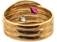 Edwardian 18ct Gold Double Snake Ring set with Diamonds & a Ruby