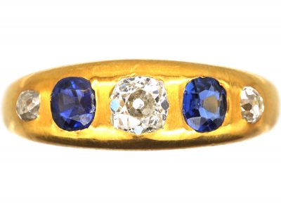 Victorian 18ct Gold, Sapphire & Diamond Five Stone Rub Over Set Ring