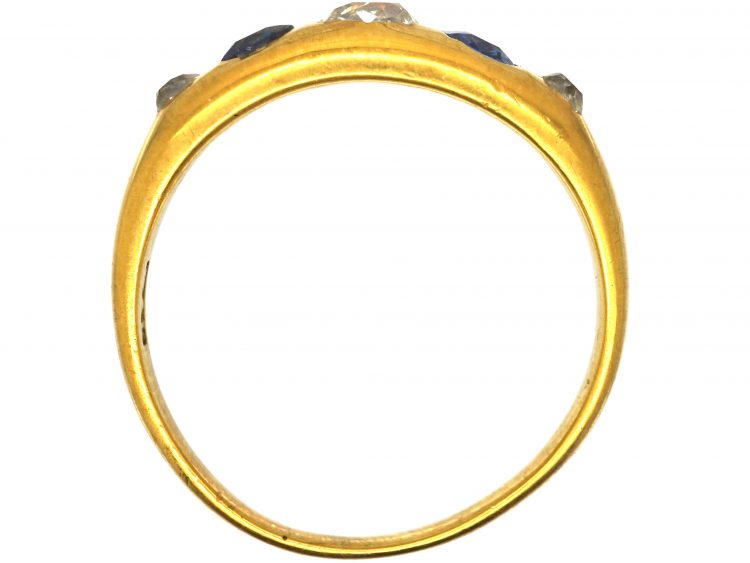 Victorian 18ct Gold, Sapphire & Diamond Five Stone Rub Over Set Ring