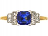 Art Deco 18ct Gold & Platinum, Sapphire Ring with Step Cut Diamond Shoulders