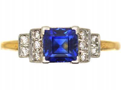 Art Deco 18ct Gold & Platinum, Sapphire Ring with Step Cut Diamond Shoulders