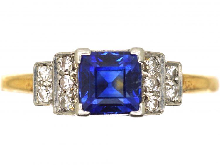 Art Deco 18ct Gold & Platinum, Sapphire Ring with Step Cut Diamond Shoulders