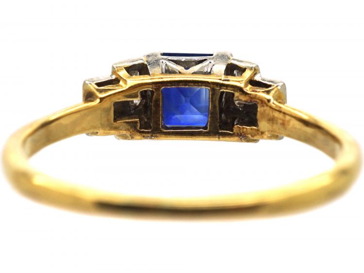 Art Deco 18ct Gold & Platinum, Sapphire Ring with Step Cut Diamond Shoulders