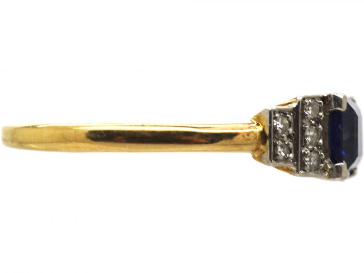 Art Deco 18ct Gold & Platinum, Sapphire Ring with Step Cut Diamond Shoulders