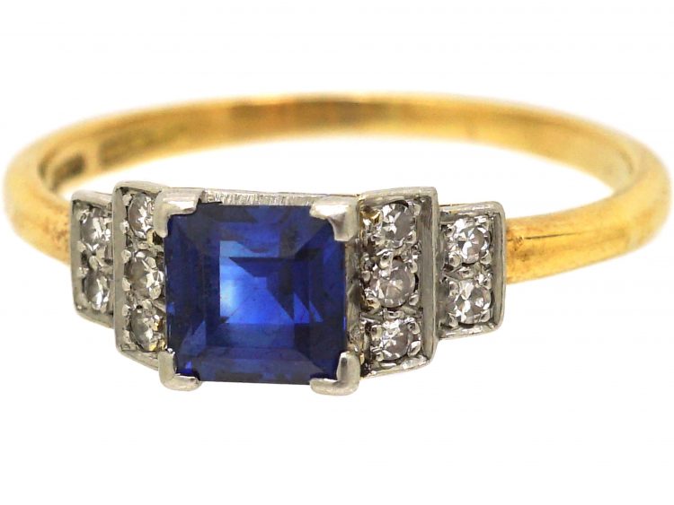 Art Deco 18ct Gold & Platinum, Sapphire Ring with Step Cut Diamond Shoulders