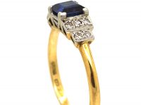 Art Deco 18ct Gold & Platinum, Sapphire Ring with Step Cut Diamond Shoulders