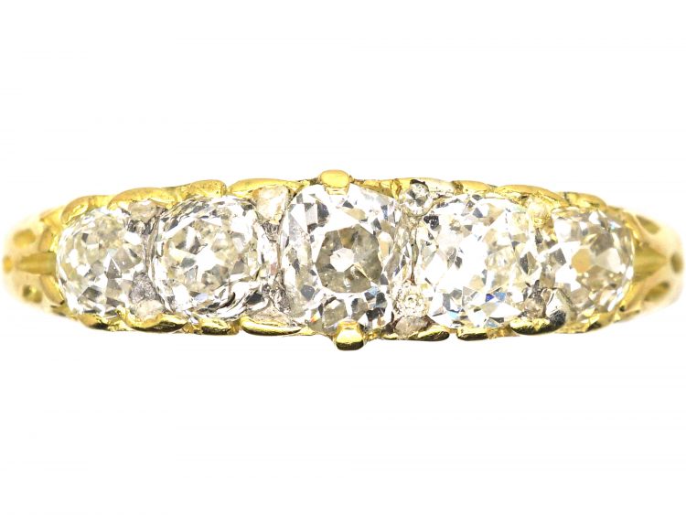 Victorian 18ct Gold, Five Stone Diamond Carved Half Hoop Ring