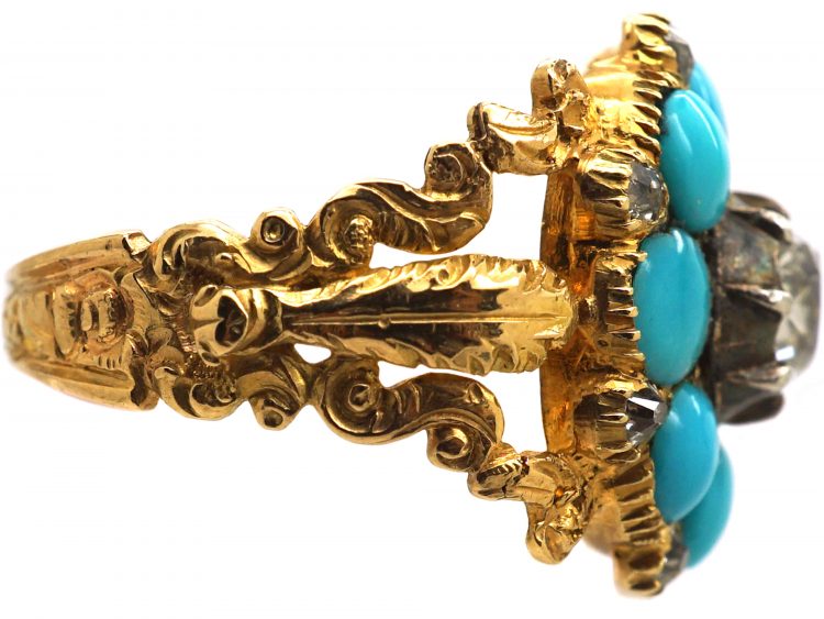 Georgian 18ct Gold, Turquoise & Diamond Cluster Ring