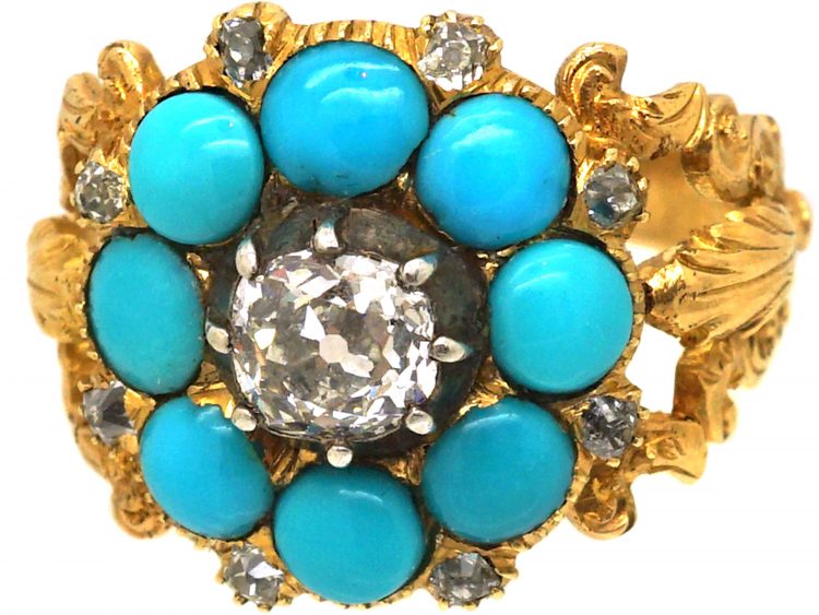 Georgian 18ct Gold, Turquoise & Diamond Cluster Ring