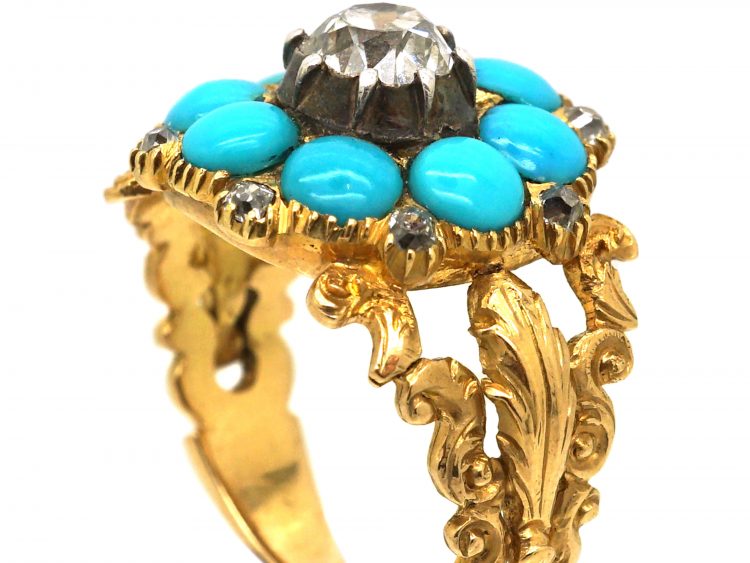 Georgian 18ct Gold, Turquoise & Diamond Cluster Ring