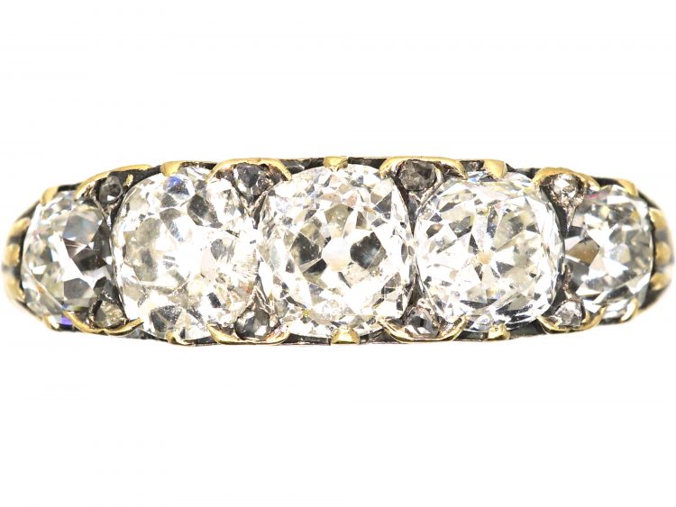 Victorian 18ct Gold, Five Stone Old Mine Cut Diamond Carved Half Hoop Ring