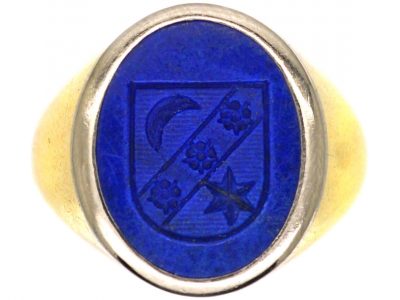 18ct Gold & Lapis Signet Ring with Intaglio of the Moon, a Star & Roses