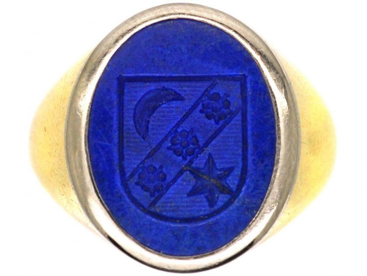 18ct Gold & Lapis Signet Ring with Intaglio of the Moon, a Star & Roses