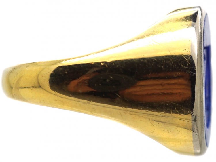 18ct Gold & Lapis Signet Ring with Intaglio of the Moon, a Star & Roses