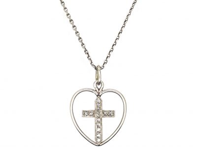 French Early 20th Century Platinum Heart & Cross Pendant set with Diamonds on a Platinum Chain