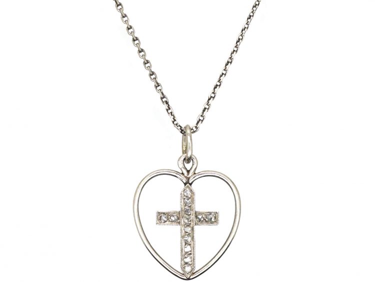French Early 20th Century Platinum Heart & Cross Pendant set with Diamonds on a Platinum Chain
