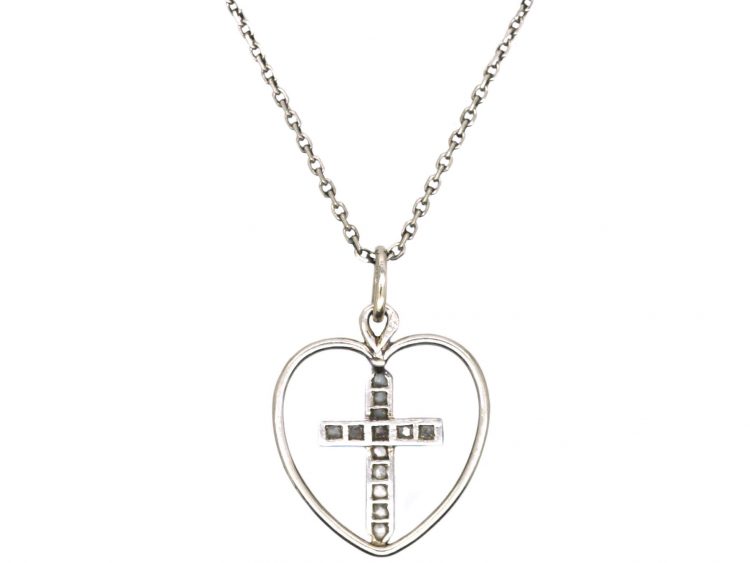 French Early 20th Century Platinum Heart & Cross Pendant set with Diamonds on a Platinum Chain