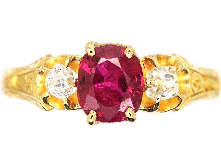 Early 19th Century 18ct Gold, Ruby & Diamond Ring with Engraved Shank