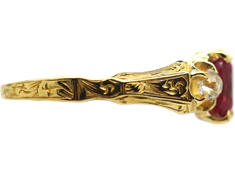 Early 19th Century 18ct Gold, Ruby & Diamond Ring with Engraved Shank