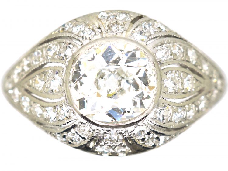 Art Deco Platinum Solitaire Diamond Ring with Wave Detail