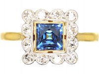 Art Deco 18ct Gold & Platinum, Square Ring set with a French Cut Sapphire & Diamonds