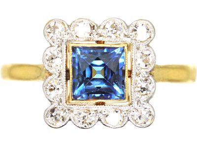 Art Deco 18ct Gold & Platinum, Square Ring set with a French Cut Sapphire & Diamonds