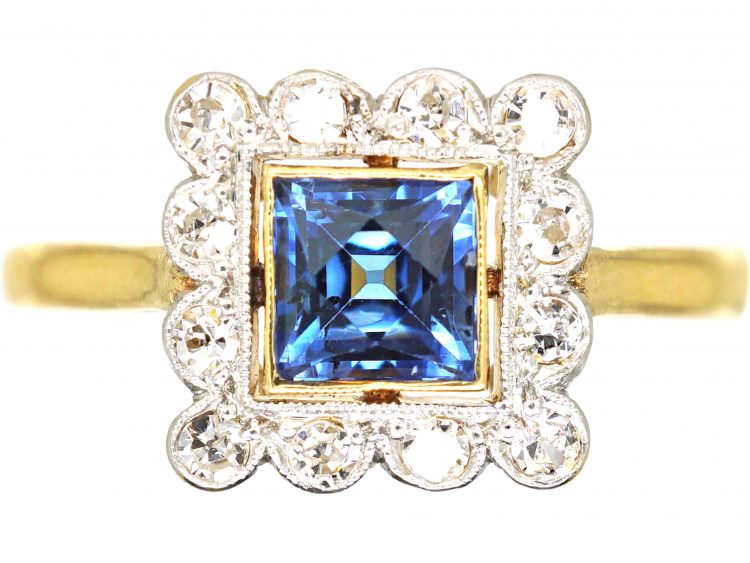 Art Deco 18ct Gold & Platinum, Square Ring set with a French Cut Sapphire & Diamonds