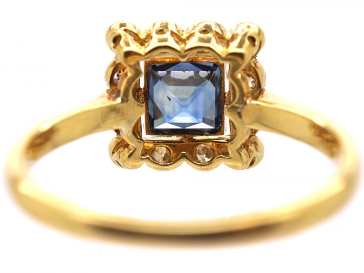 Art Deco 18ct Gold & Platinum, Square Ring set with a French Cut Sapphire & Diamonds