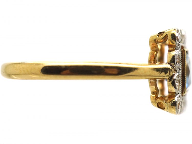 Art Deco 18ct Gold & Platinum, Square Ring set with a French Cut Sapphire & Diamonds