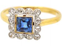 Art Deco 18ct Gold & Platinum, Square Ring set with a French Cut Sapphire & Diamonds