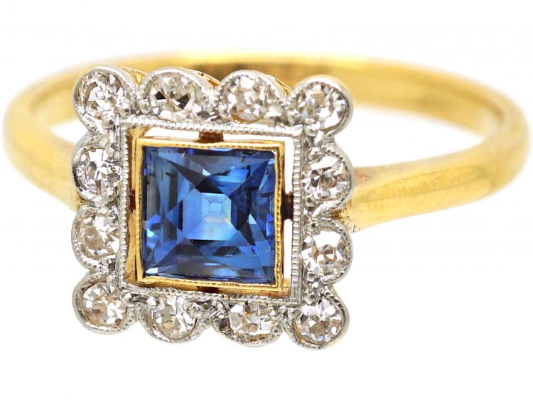 Art Deco 18ct Gold & Platinum, Square Ring set with a French Cut Sapphire & Diamonds