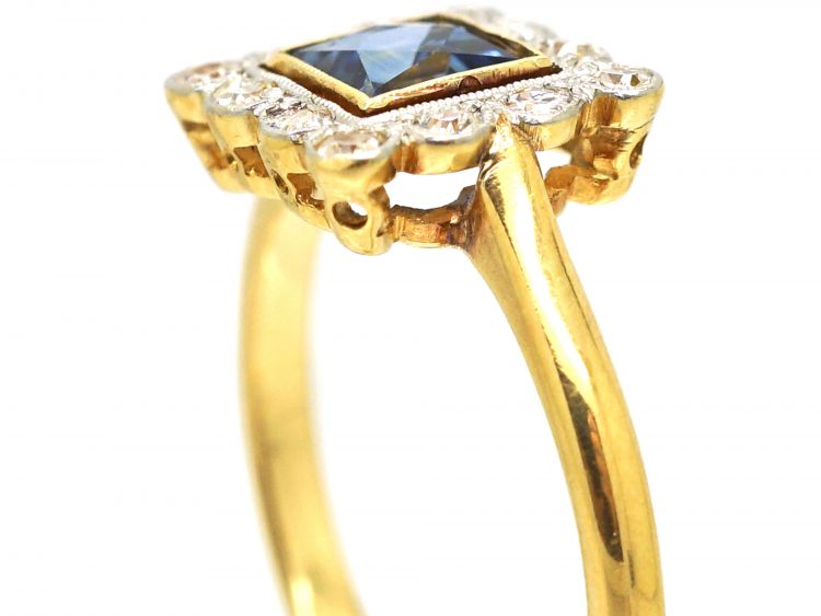 Art Deco 18ct Gold & Platinum, Square Ring set with a French Cut Sapphire & Diamonds